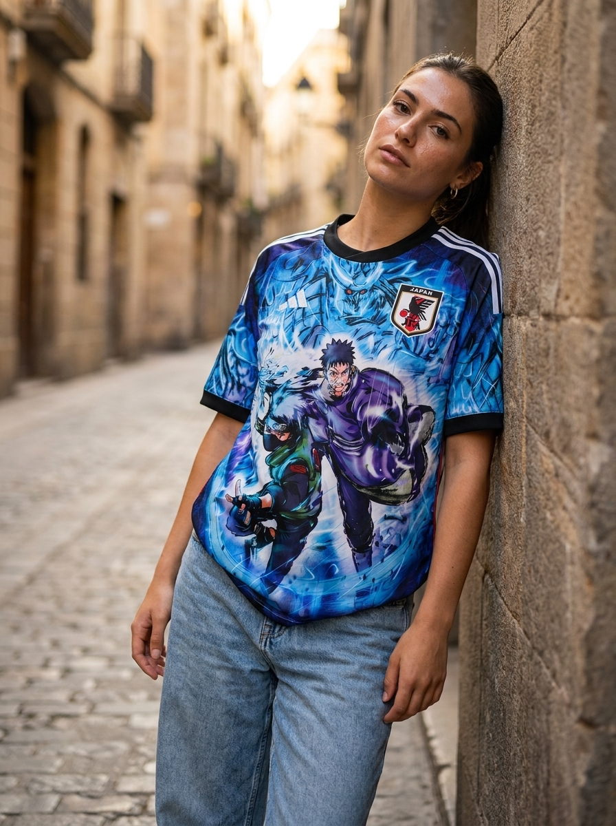Model wearing Naruto Susanoo anime soccer jersey