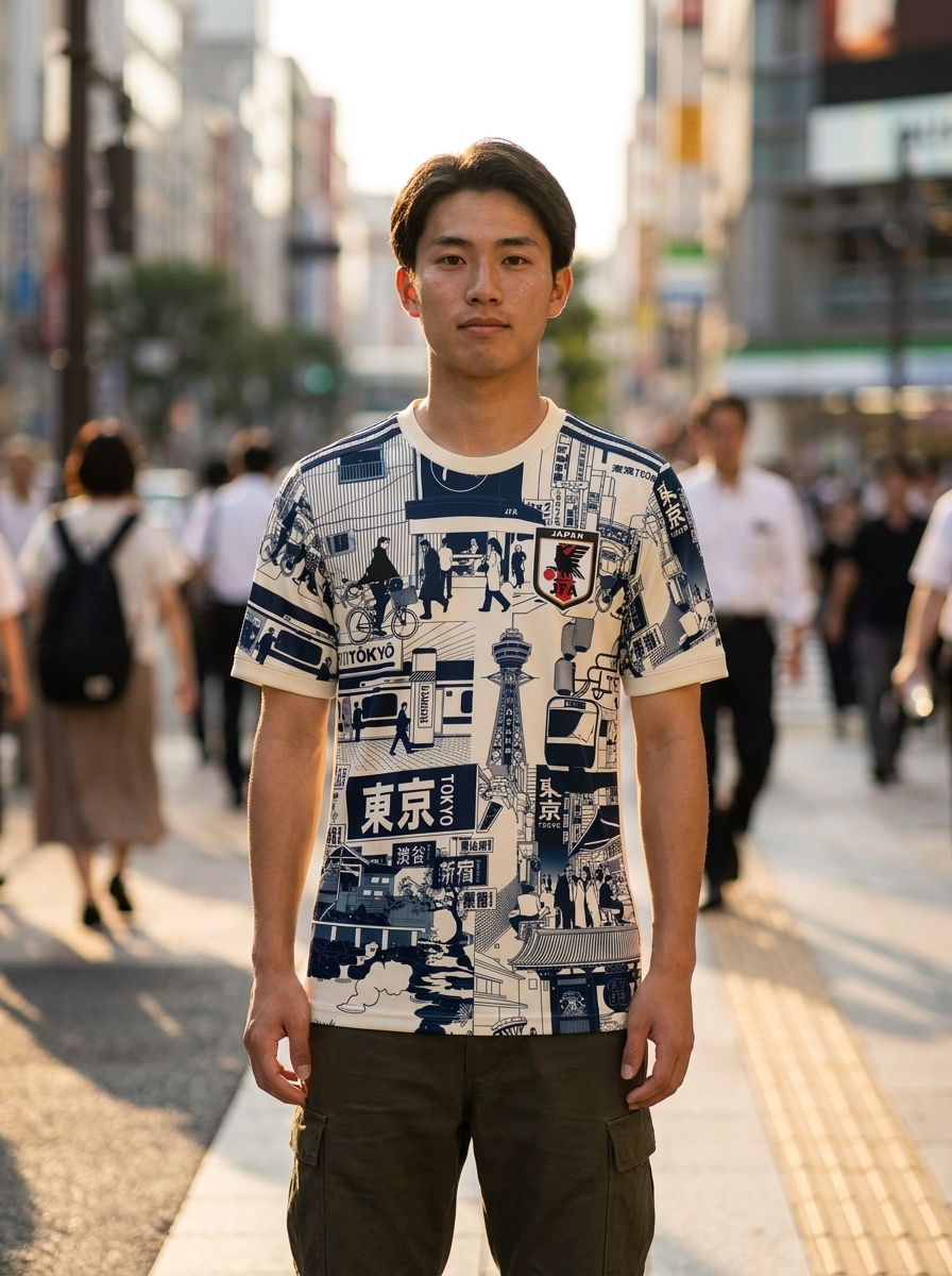 Model wearing Special Edition Tokyo anime soccer jersey